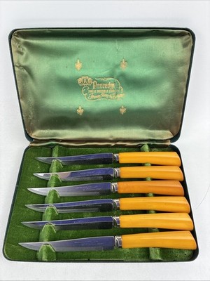 Set of 6 Peeredge Stainless Steak Knives Case Regent Sheffield Bakelite Handles