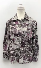 Women’s Chicos Sz 1 M Purple Floral Linen Blazer Jacket Button Up Cuff Sleeve