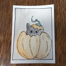 ACEO Original Watercolor painting 2.5 X 3.5 - Black Cat Pumpkin 