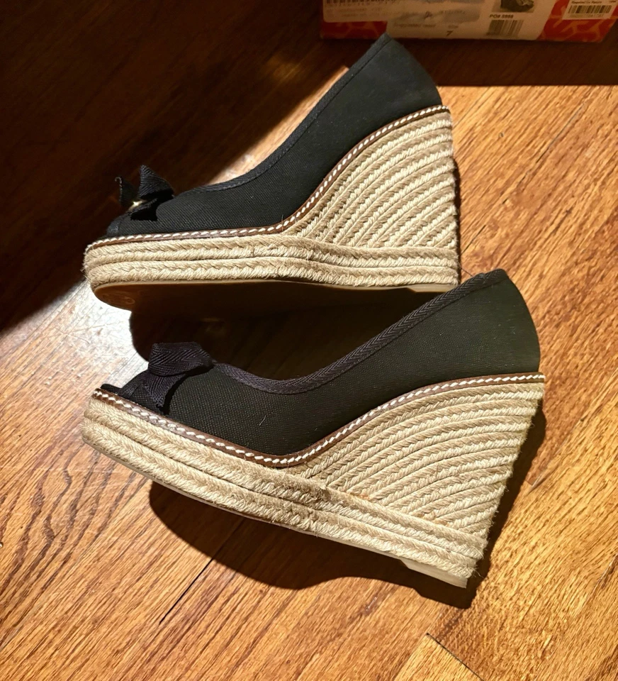 TORY BURCH ALPARGATA PLATAFORMA REVA DORADA ARCO LONA NEGRO CUÑAS 7 Foto 3 de 4