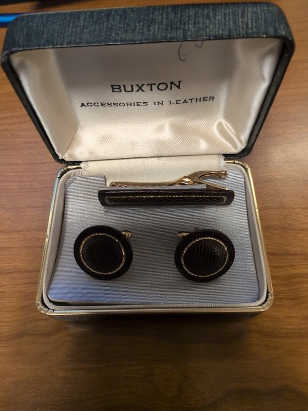 Vintage Buxton Cuff Links Gold Tone Brown Leather Rectangle Original Box
