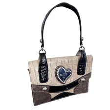Guess Y2K Mini Baguette Purse Rhinestone Heart Croc Embossed Top Handle 6x9x3.5"