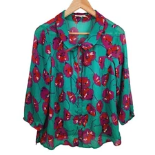 Modcloth Top Floral Sheer Button Down Blouse Shirt Women Size M Green Purple Red
