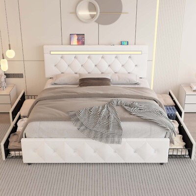 Full Queen Size Bed Frame with 4 Drawers and LED Lights and Charging Station