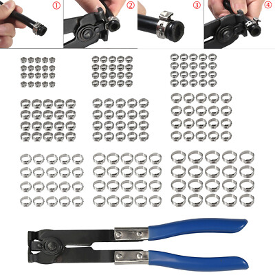 180x Single Ear Stepless Hose Clamps Crimper Crimping Tool Kit Stainless Steel