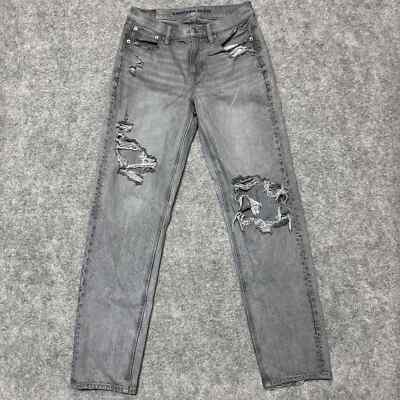 American Eagle 90s Women's Distressed Straight Jeans Size 0R Grey Denim