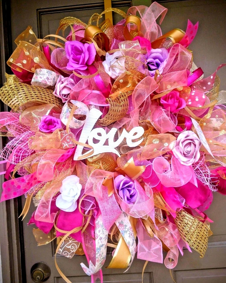 Guirnalda de puerta principal de San Valentín grande rosa arpillera decoración de granja de campo Foto 3 de 4