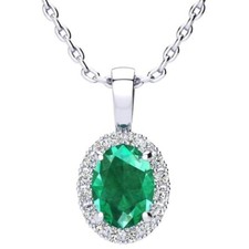 14 Karat White Gold Necklace with 1.20 Carat Oval Emerald and Halo Diamond