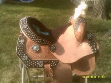 Saddle By Silver Royal All Leather Barrel Racing Black & Turquoise Cross  14" 