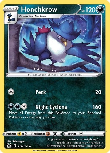 Honchkrow SWSH11: Lost Origin #115/196 Rare Pokemon Card