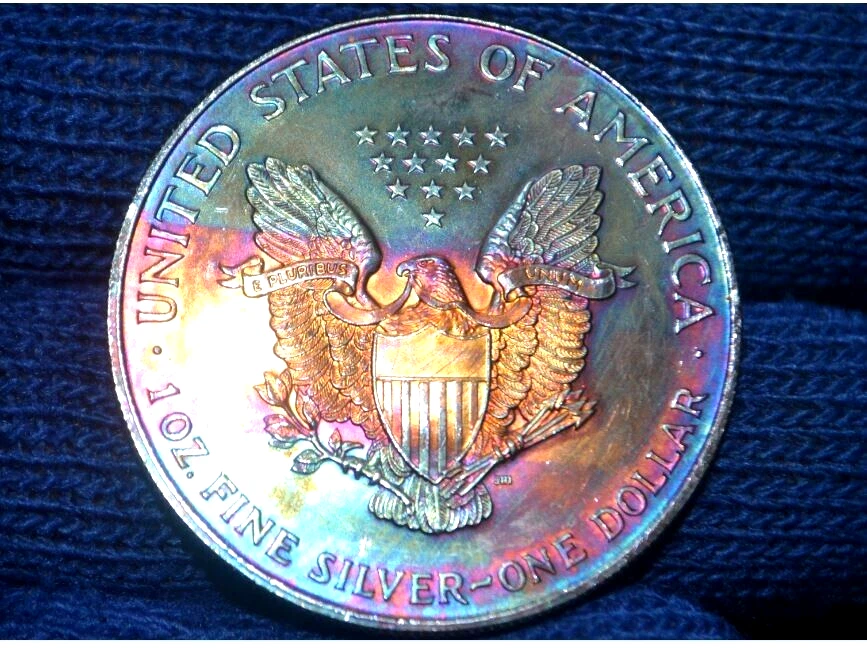American Silver Eagle 1998 $1 gema monstruo arco iris tono ambos lados * Hacer oferta Foto 4 de 4