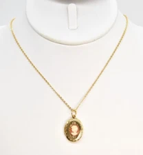 18" Salmon & White Cameo on Embossed Picture Locket Chain Choker Necklace Photo