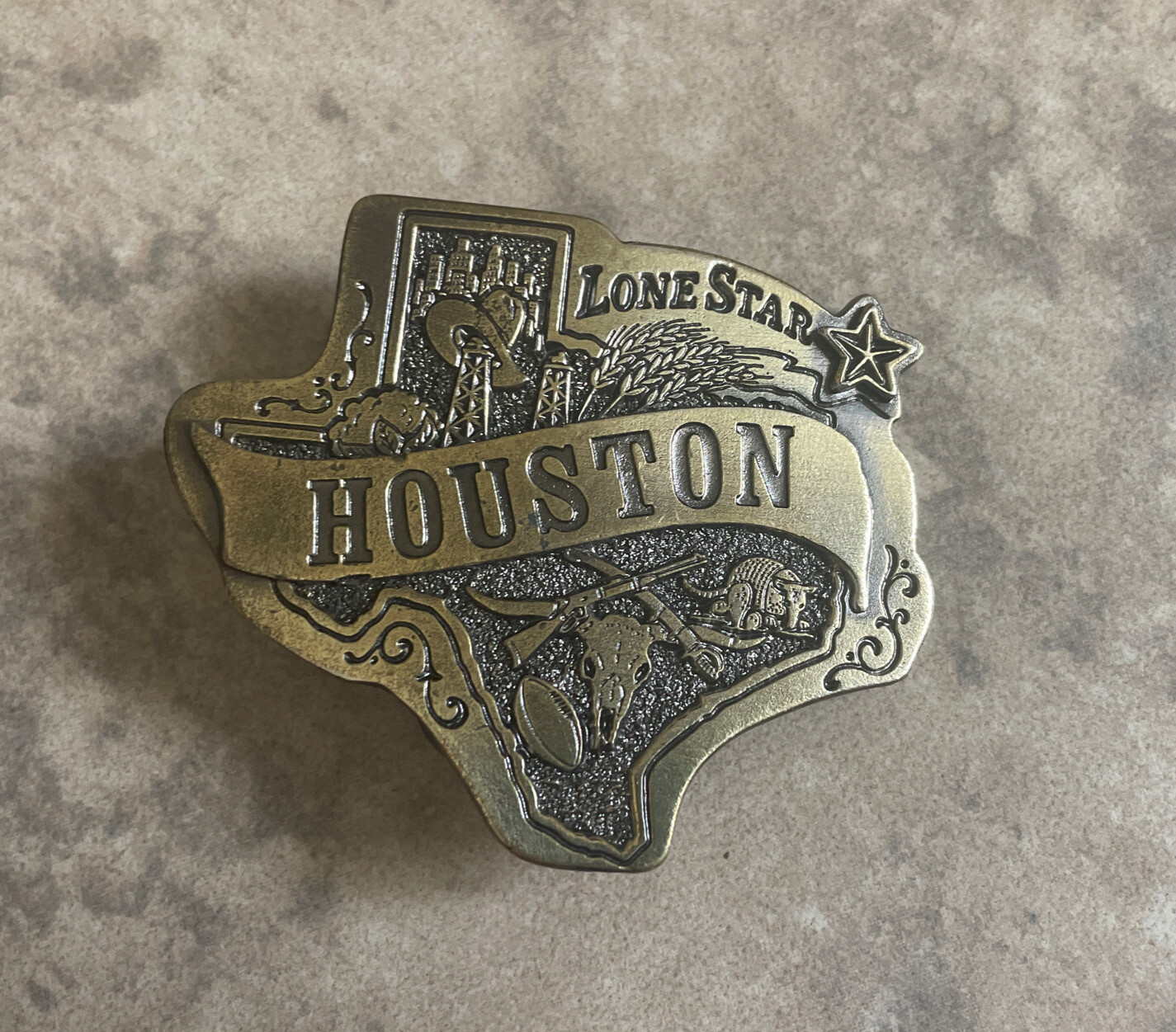 Belt Buckle Houston 1981 Texas Map Shape Gem