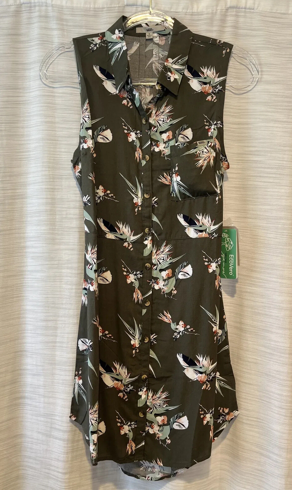 NWT VANS Olive Green Floral Sleeveless Button-Up Shirt Dress Size Small Free Shipping