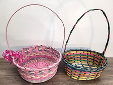 Vtg Set of 2 Med. Easter Baskets Multicolor Woven Wicker 11" And 10"