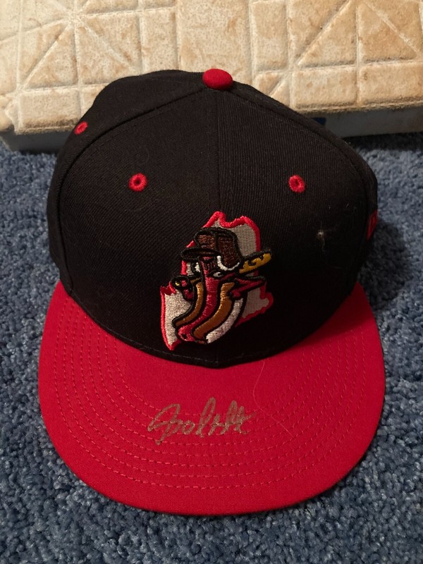 ANDREW POLITI PORTLAND SEA DOGS GAME USED WORN RED SNAPPERS ALTERNATE HAT 7 1/8