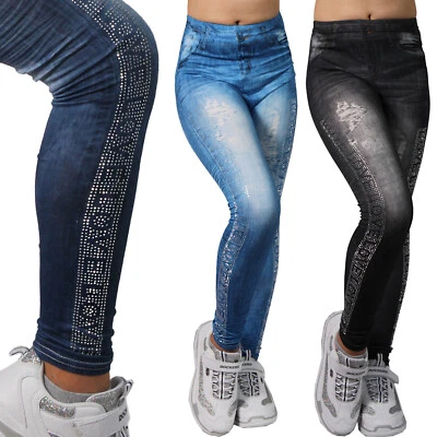 Leggings Hose Strass Love Mädchen High Waist Jeans Look Optik Kinder Steine - Bild 1 von 4