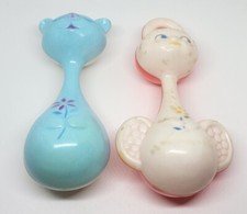 Vintage Lot Of 2 Celluloid Plastic Cat Angel Baby Rattle Toys