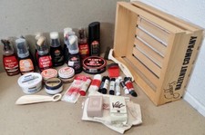 Vintage Wooden Crate with Shoe Shine Cleaning Contents Brushes Shoe Laces