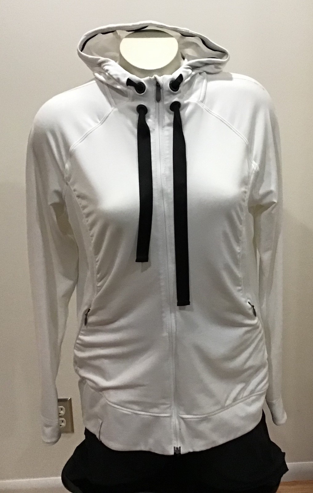 Salomon giacca con cappuccio da donna bianca nera con cerniera intera taglia L cordini