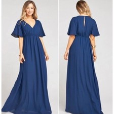 Show Me Your Munu Long Navy blue Empire Flutter Sleeve Dress V Neck NWT XS