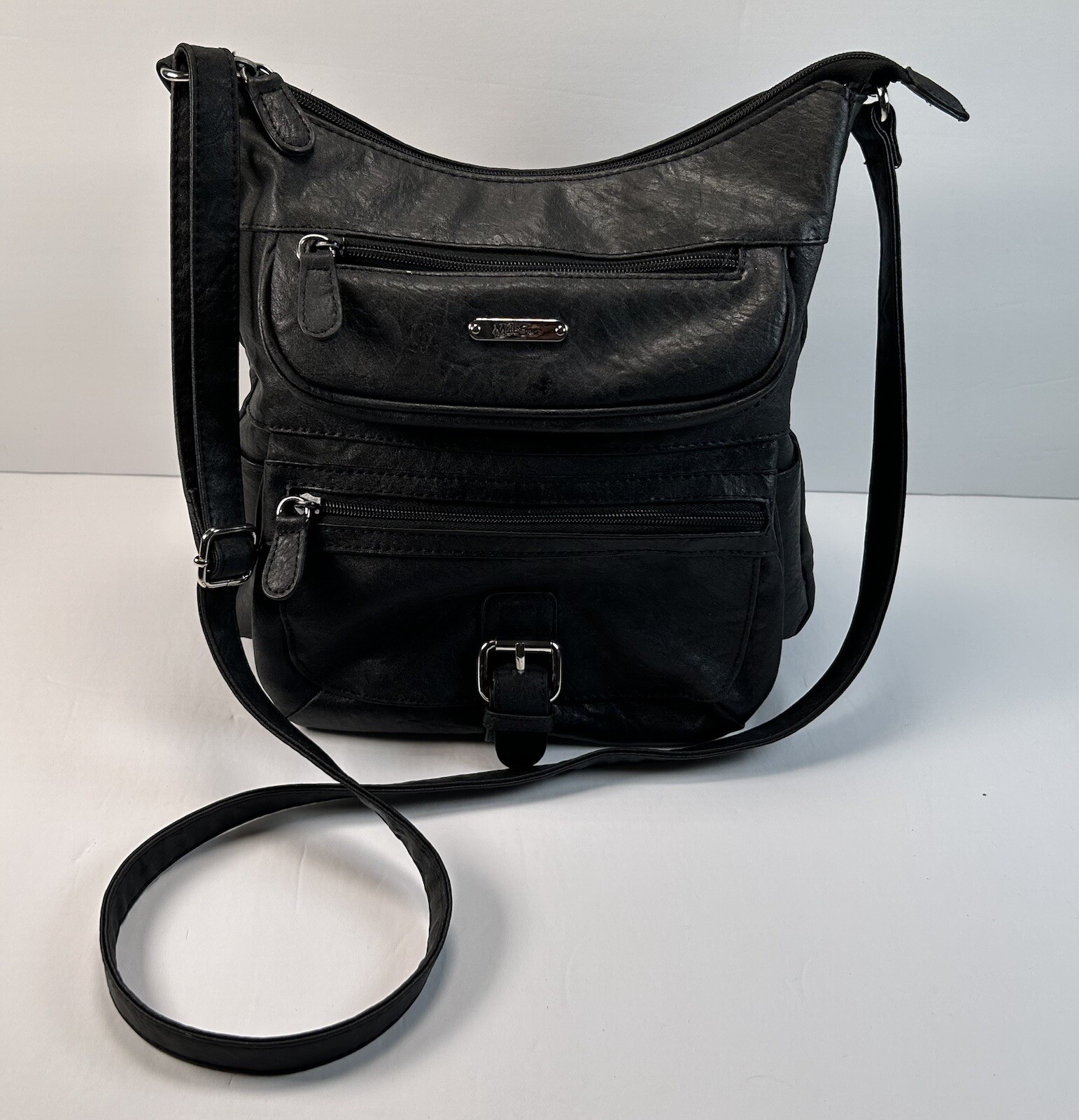 Multi Sac Crossbody Bag Purse Black Textured Vinyl Medium Size Lots Of Pockets