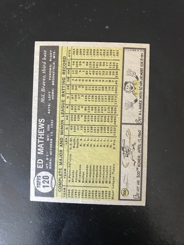 1961 TOPPS #120 ED MATHEWS HOF MILW BRAVES—AUTHENTIC AUTO💥*** (tgcs) - Picture 2 of 3