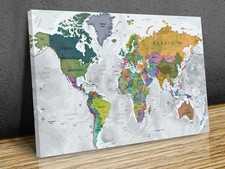 World Map Canvas Wall Art Colorful Political, mounted canvas print ready to hang