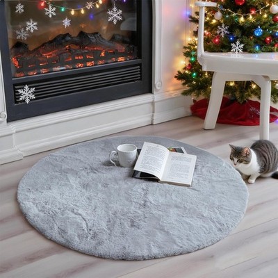 Fluffy Faux Rabbit Fur Circle Rug 3'x3', Cloud-Soft Area Rug for Bedroom & Nu...