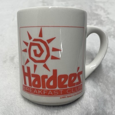 Vintage 90s Hardees Breakfast Club Coffee Mug Cup Ivory Orange Sun Art 1993