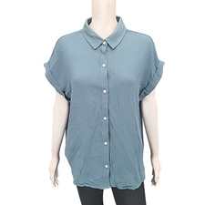 Jessica Simpson Women's Button Short Sleeves Gauze Shirt Top Large Size Blue