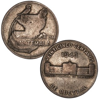 Guatemala 25 Centavos 1943 KM#253 Item #2 Silver .720 0.193 ASW