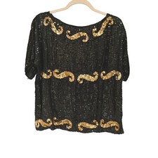 Black Gold Sequin Glamour Top Silk 100 Evening Party Glam Vintage 80s
