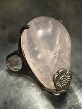 Large Rose Quartz Teardrop  Sterling Silver Ring w/ Flower Accent Size 6.25