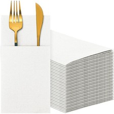 Cindeer 150 White Linen Feel Dinner Napkins w/ Built-in Flatware Pocket Pre-fold