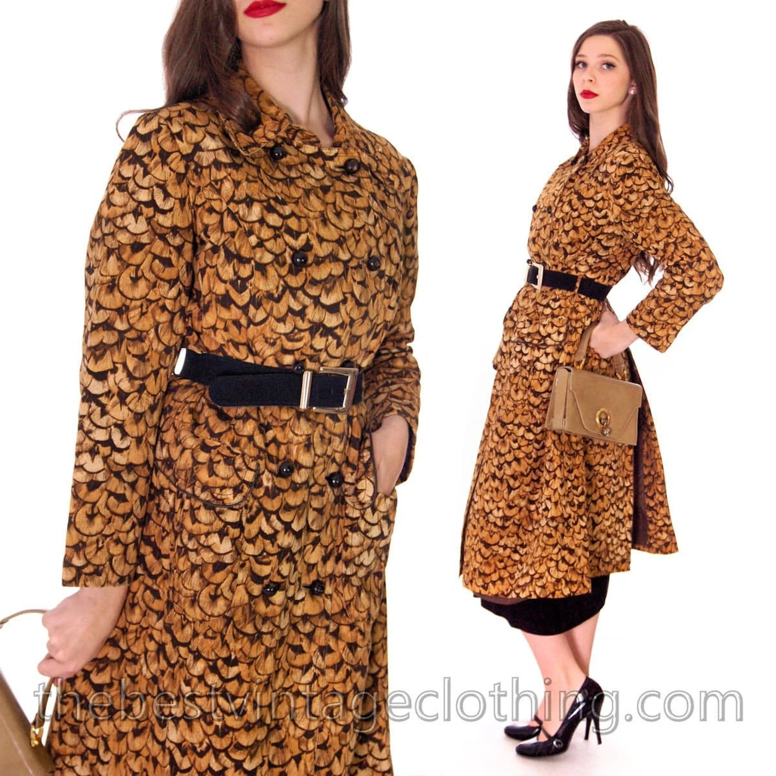 Lanvin — VTG 60s 70s Jeanne Lanvin Paris Feather Print Trench Coat Mob Wife Glam Sz L