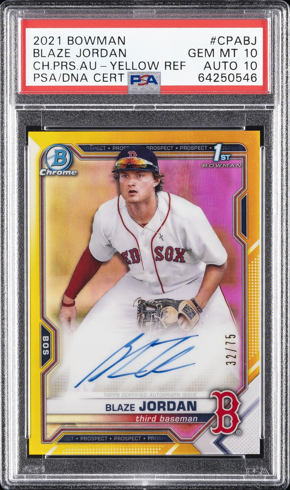 2021 BOWMAN CHROME PROSPECT AUTO YELLOW REF BLAZE JORDAN 32/75 PSA 10 AUTO 10
