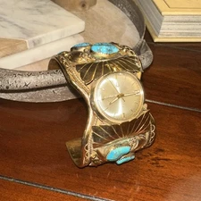 VINTAGE ACCUTRON GOLD WATCH 12K GE Turquoise Cuff EKing Navajo 