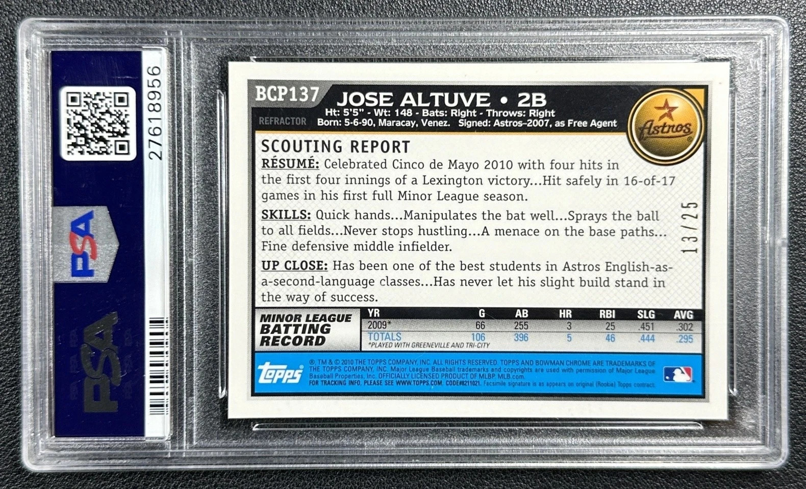 POP 1 JOSE ALTUVE PSA 10 2010 BOWMAN CHROME BCP137 1ST ORANGE REFRACTOR 13/25 RC view 4