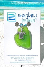 FREE SHIP  CHAIN Authentic Seaglass Necklace Lime Green Silver Seaturtle Charm 