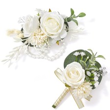 White Rose Boutonniere And Wrist Corsage Set For Prom Wedding Party Men