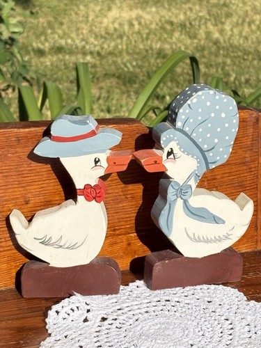 Two Small Hand Painted Wooden Geese Ducks Folk Art Country Decor Shelf Sitter