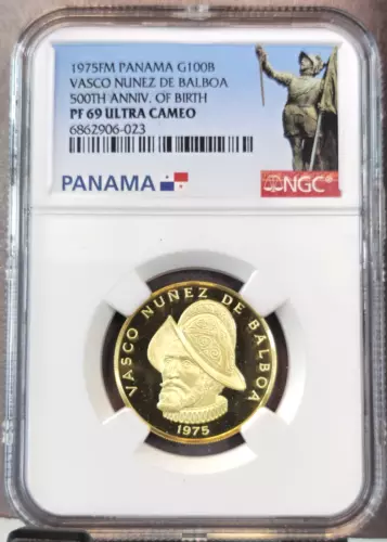 1975 PANAMA GOLD 100 BALBOAS VASCO NUNEZ NGC PF 69 ULTRA CAMEO GEM PROOF BEAUTY