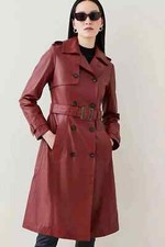 Women Trench Coat Dark Red Handmade Leather Lambskin Genuine Stylish Casual Soft