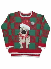 Womens Red & Green Pug Dog Puppy Bells Sequins Long Sleeve Knit Sweater