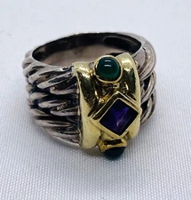David Yurman Renaissance Ring Triple Cable Amethyst and Green Stones 14k 925