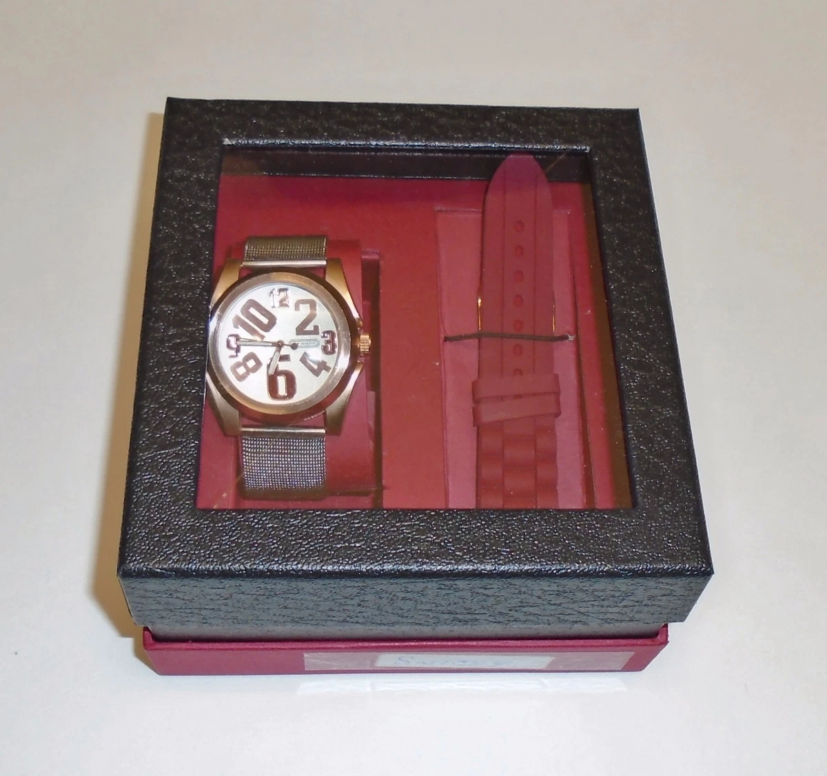 NEW SKY MARINE ROSE GOLD TONE WATCH SET OF 2 SILVER TONE MESH RED SILICONE BAND