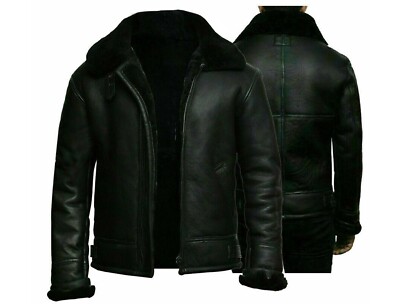 Men's Black Bomber Aviator B3 Fur Shearling Flying Pilot Real Sheepskin Jacket