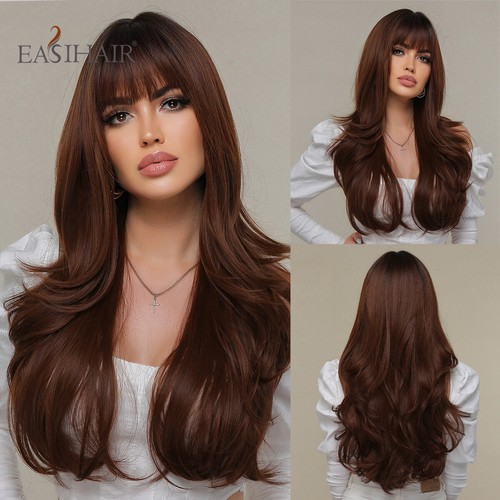 Red Brown Ombre Synthetic Wig Long Wavy Reddish Fake Hair With Bangs Daily Cos