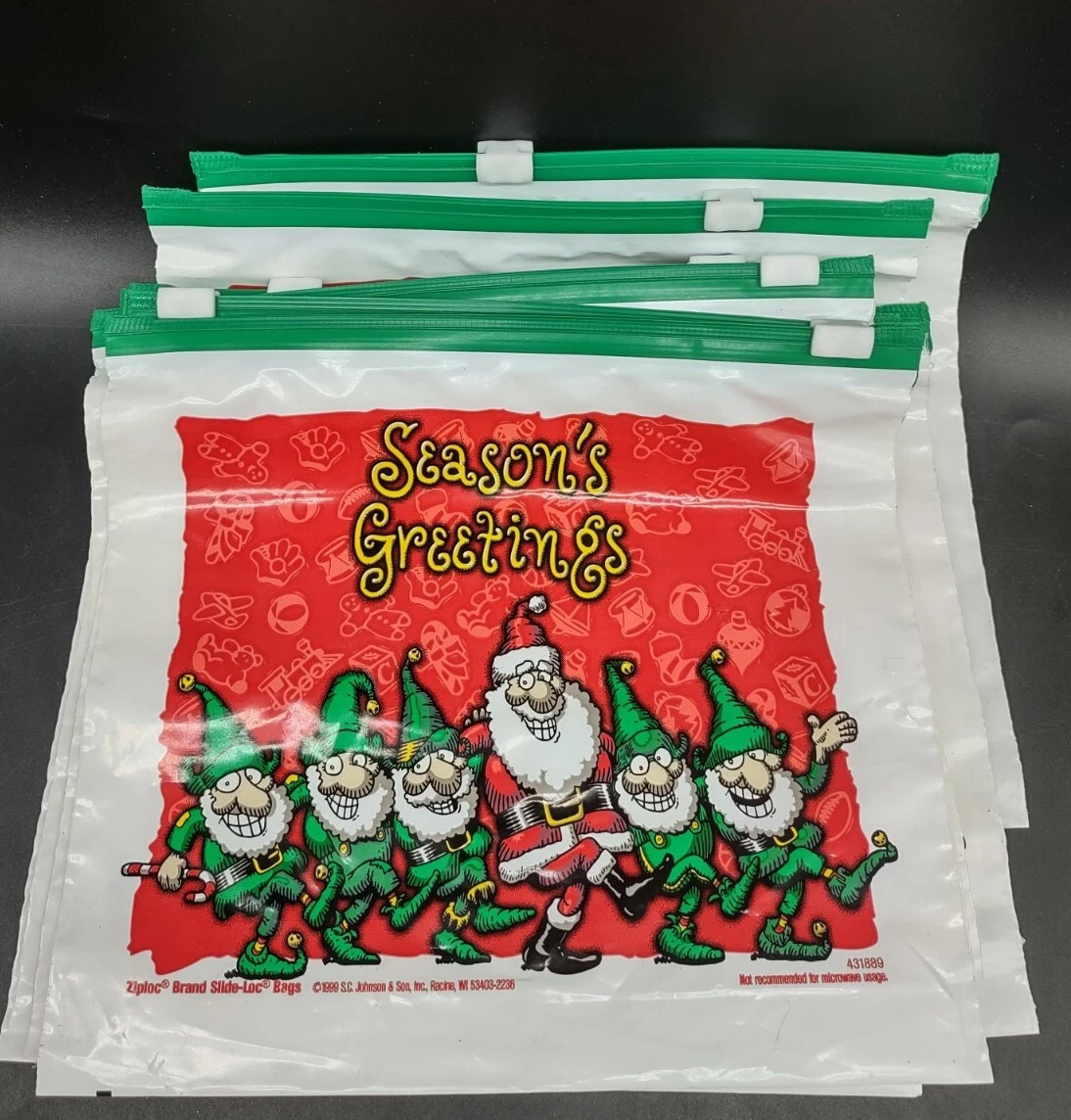 Set of 10 Vintage Ziploc Christmas Bags- Funny Plastic Seasons Greetings  Baggies